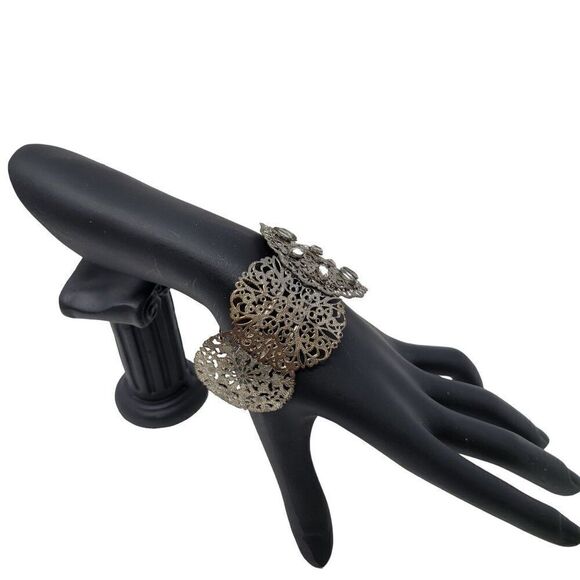 Vintage‎ Fillagree Metal Wide Cuff Bracelet Silver Rhinestone Perforated Scroll - Picture 6 of 9